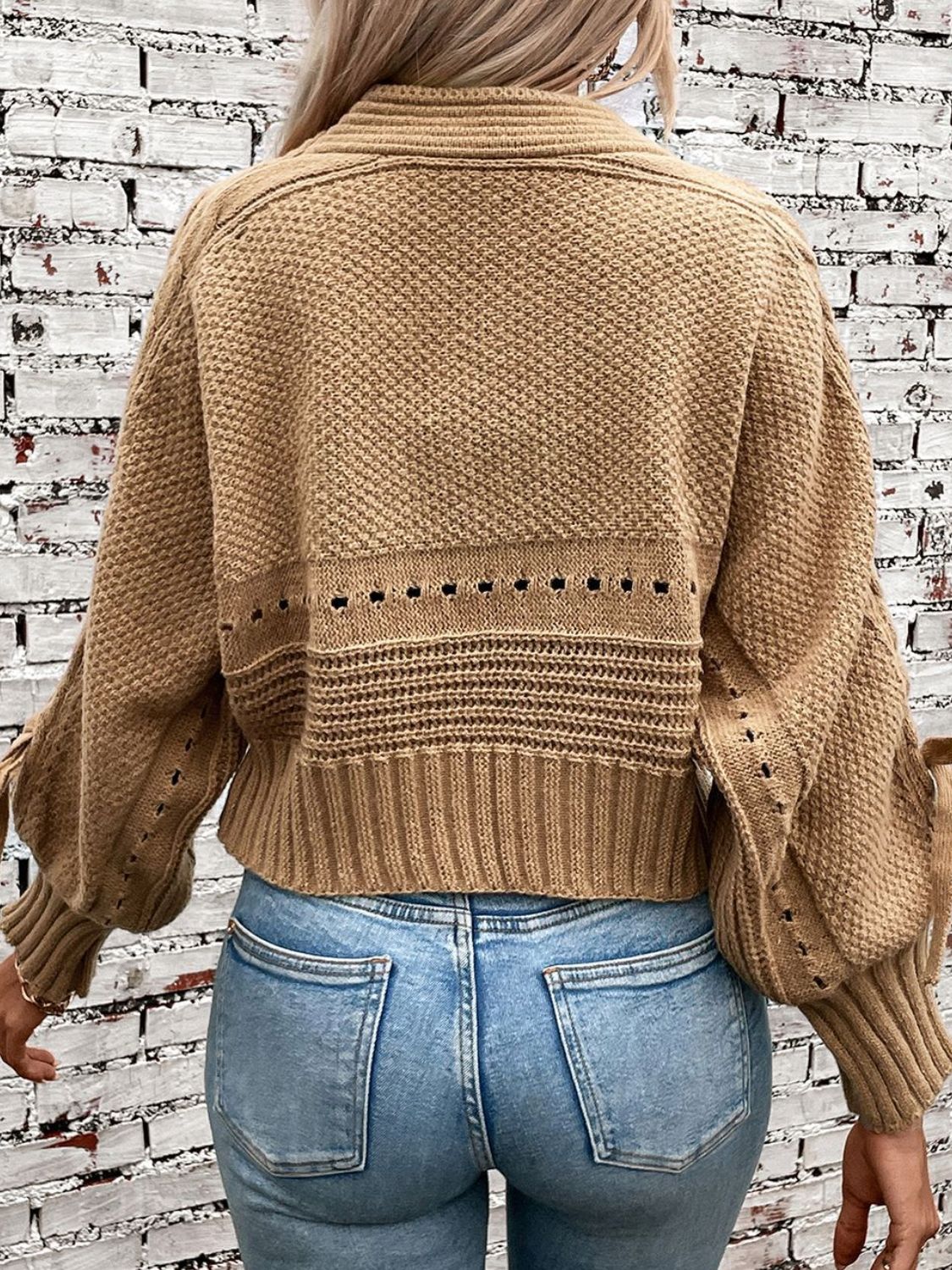 Cable-Knit Tied Open Front Lantern Sleeve Cardigan-Angel Casuals