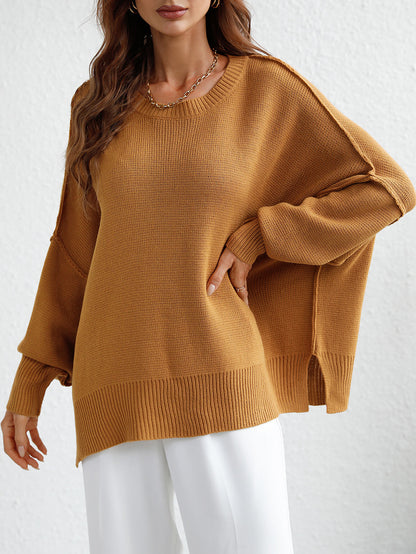 Exposed Seam Dropped Shoulder Slit Sweater-Angel Casuals