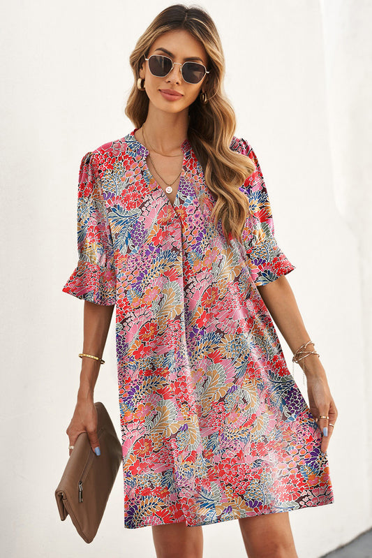 Floral Notched Neck Flounce Sleeve Shift Dress-Angel Casuals