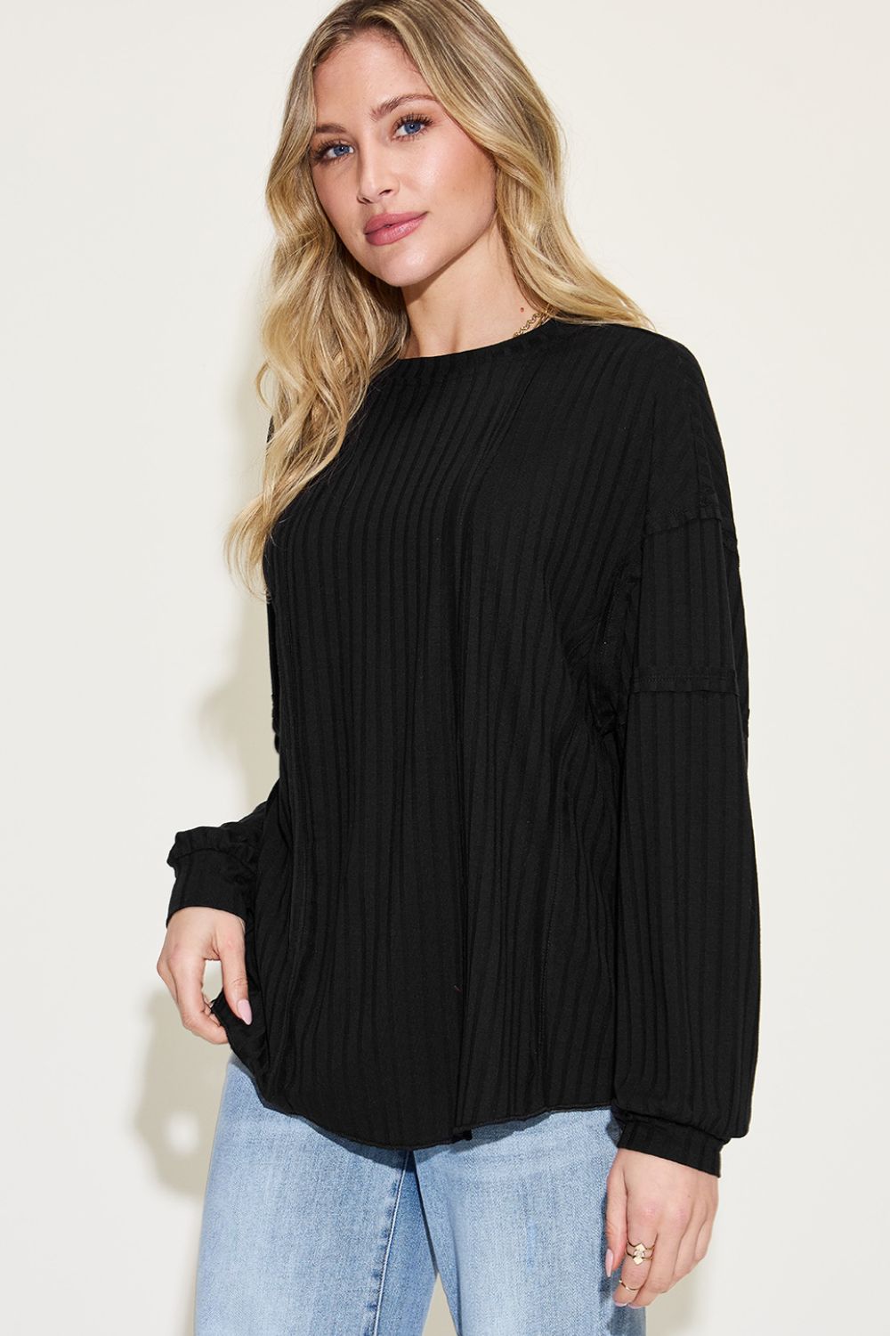 Basic Bae Full Size Ribbed Round Neck Long Sleeve T-Shirt-Angel Casuals