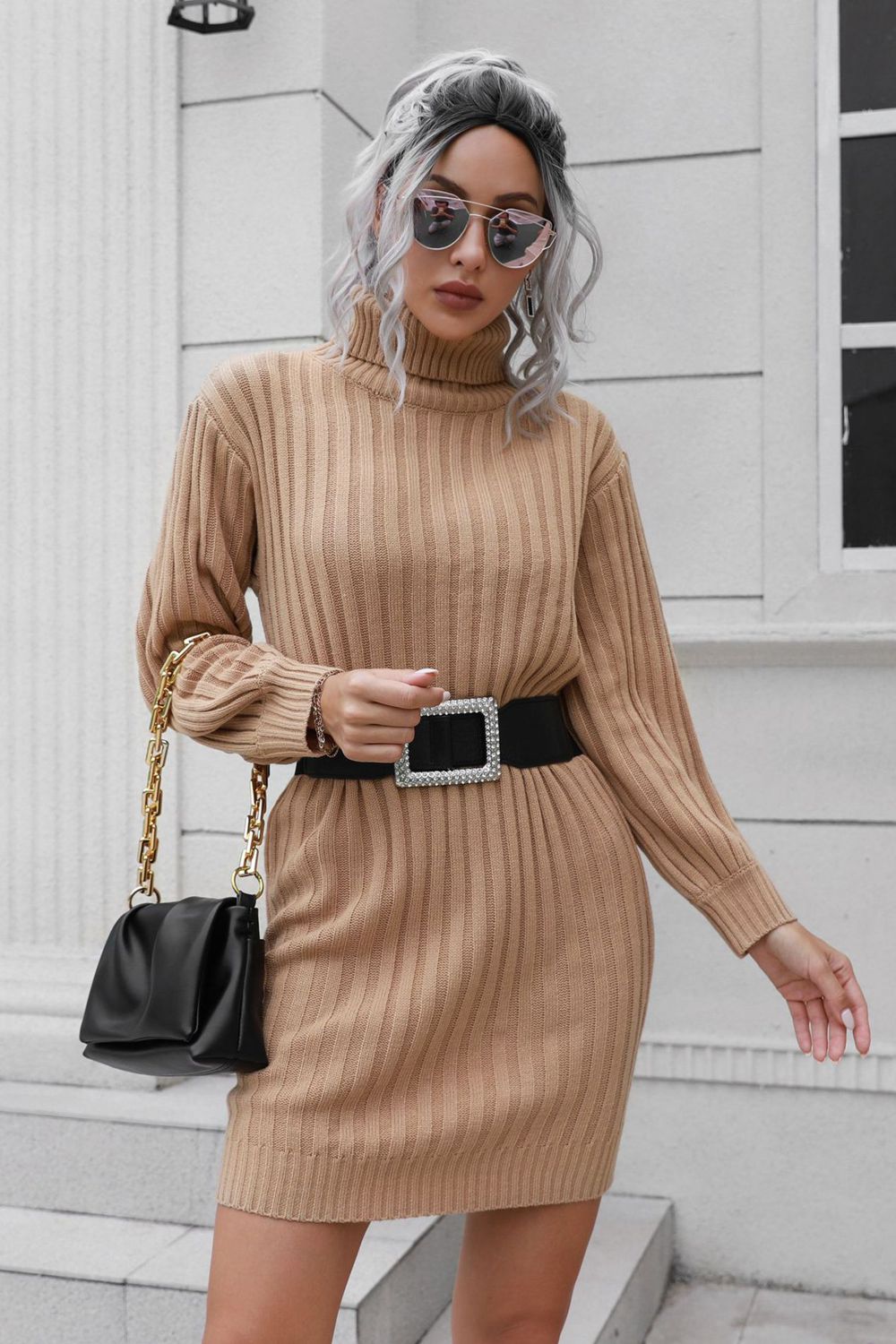 Ribbed Turtle Neck Long Sleeve Mini Sweater Dress-Angel Casuals