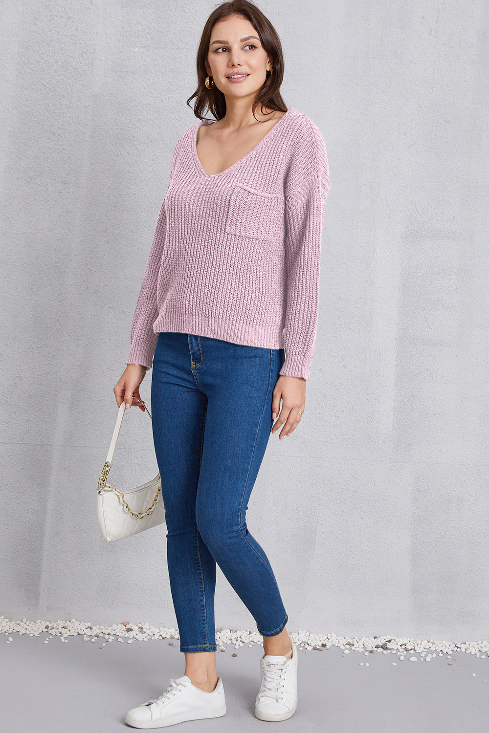 V-Neck Pocketed Dropped Shoulder Knit Top-Angel Casuals