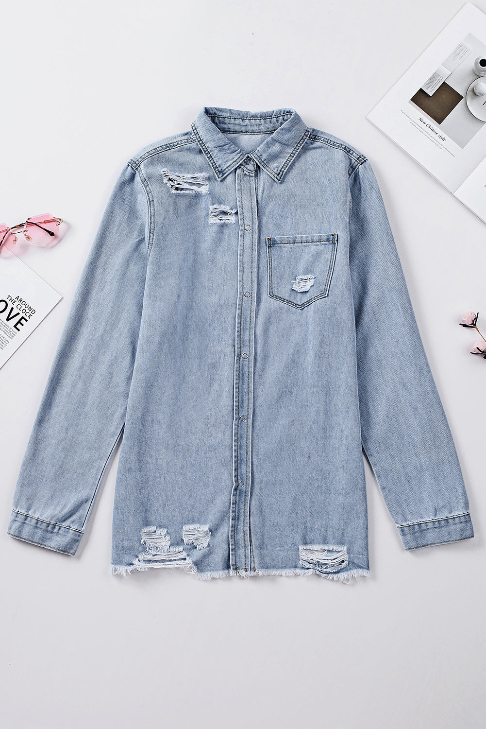 Distressed Snap Down Denim Jacket-Angel Casuals