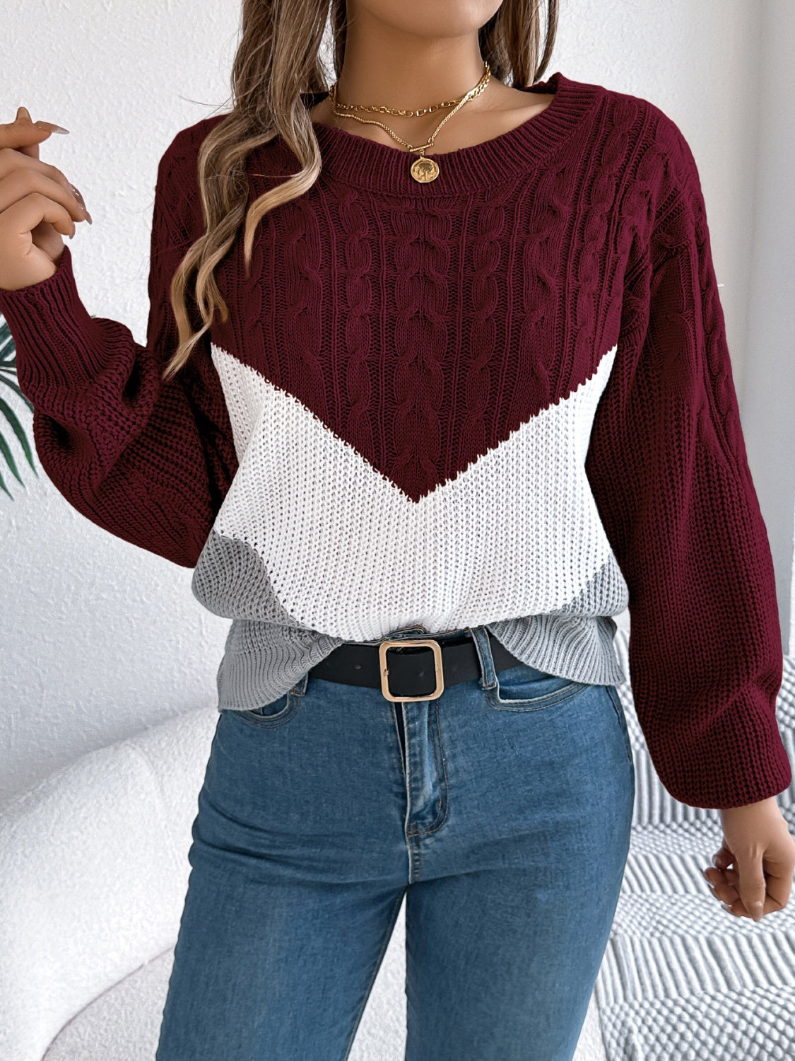 Cable-Knit Color Block Round Neck Sweater-Angel Casuals