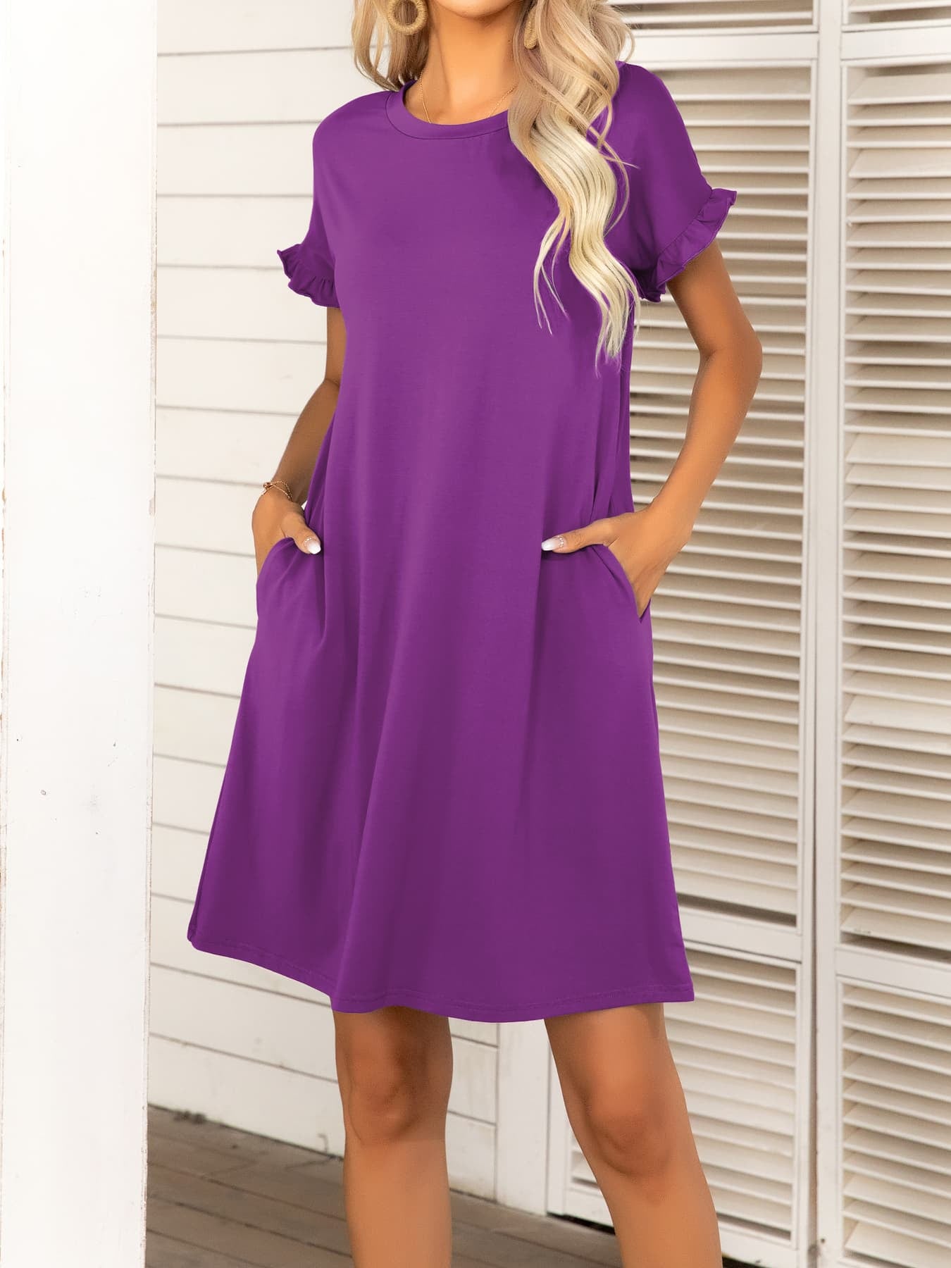 Round Neck Flounce Sleeve Dress with Pockets-Angel Casuals