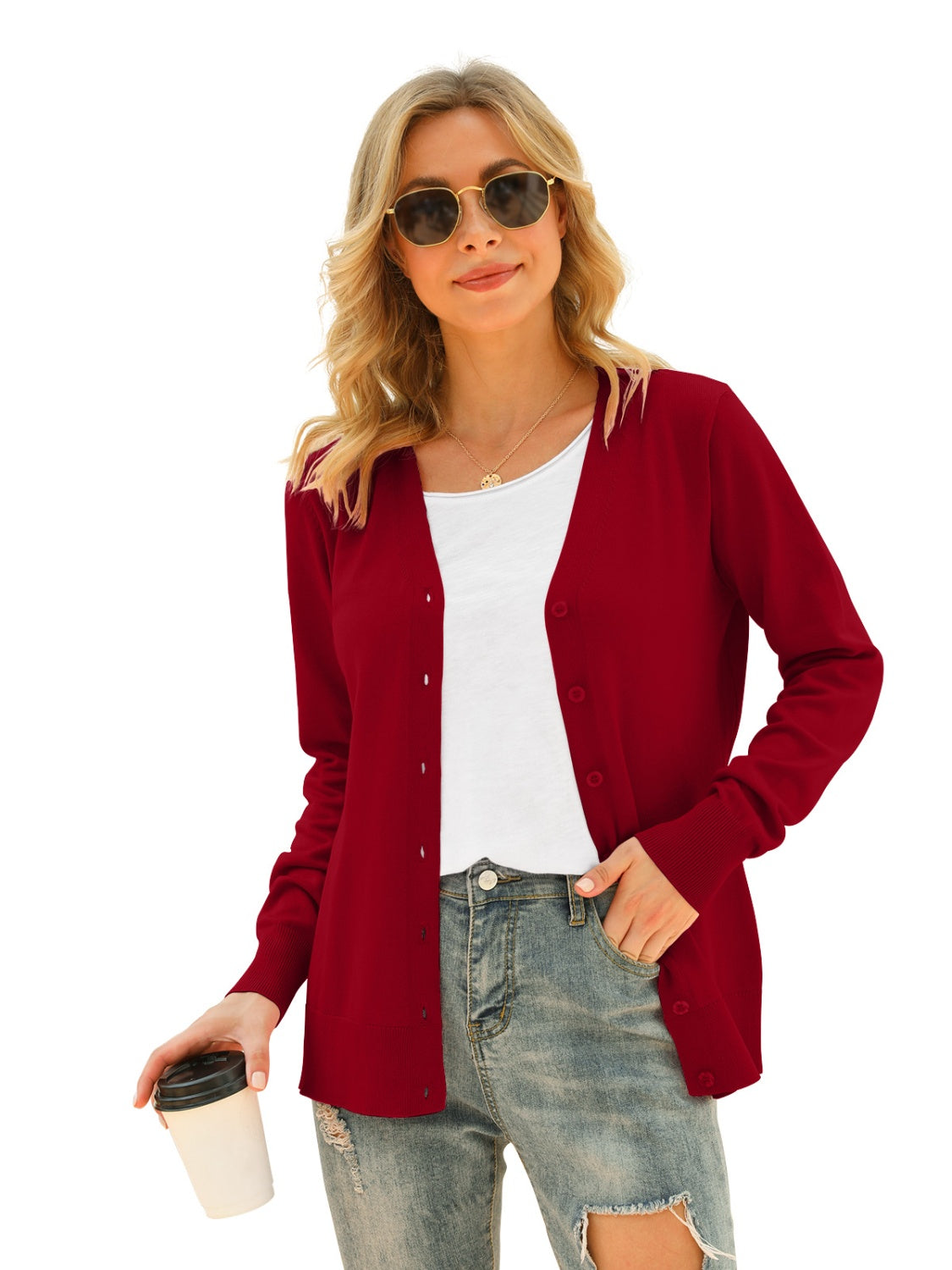 Button Up V-Neck Long Sleeve Cardigan-Angel Casuals