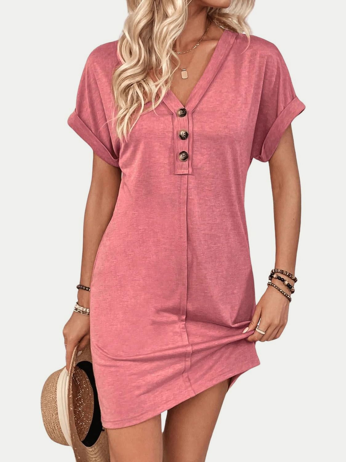 Quarter Button V-Neck Short Sleeve Dress-Angel Casuals