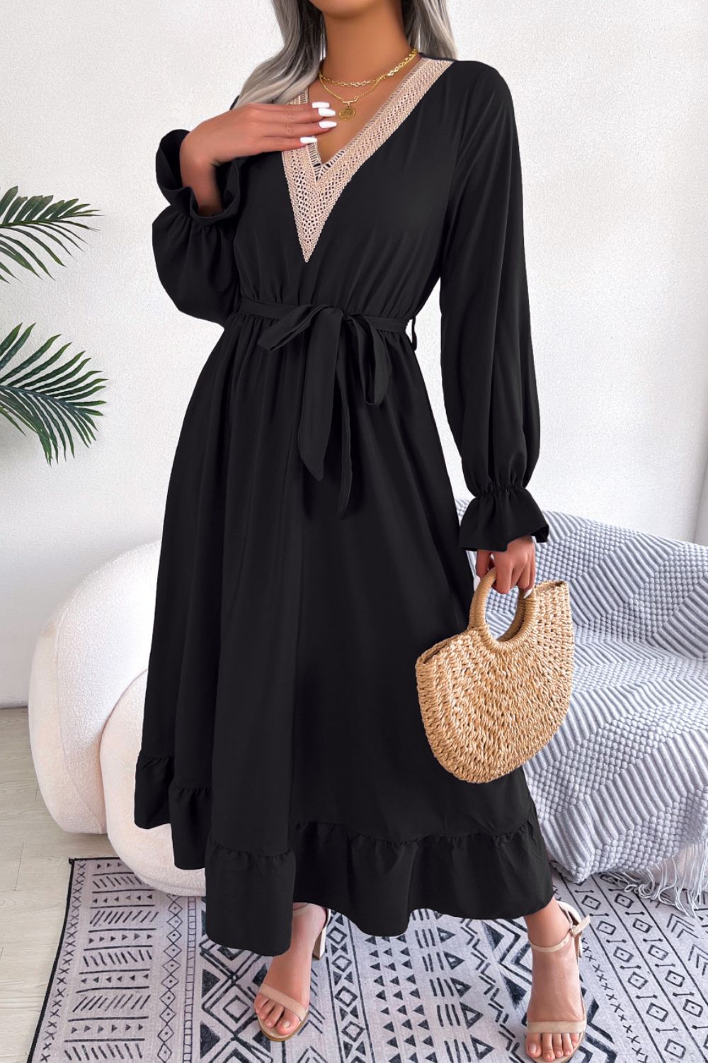 Contrast Belted Flounce Sleeve Dress-Angel Casuals