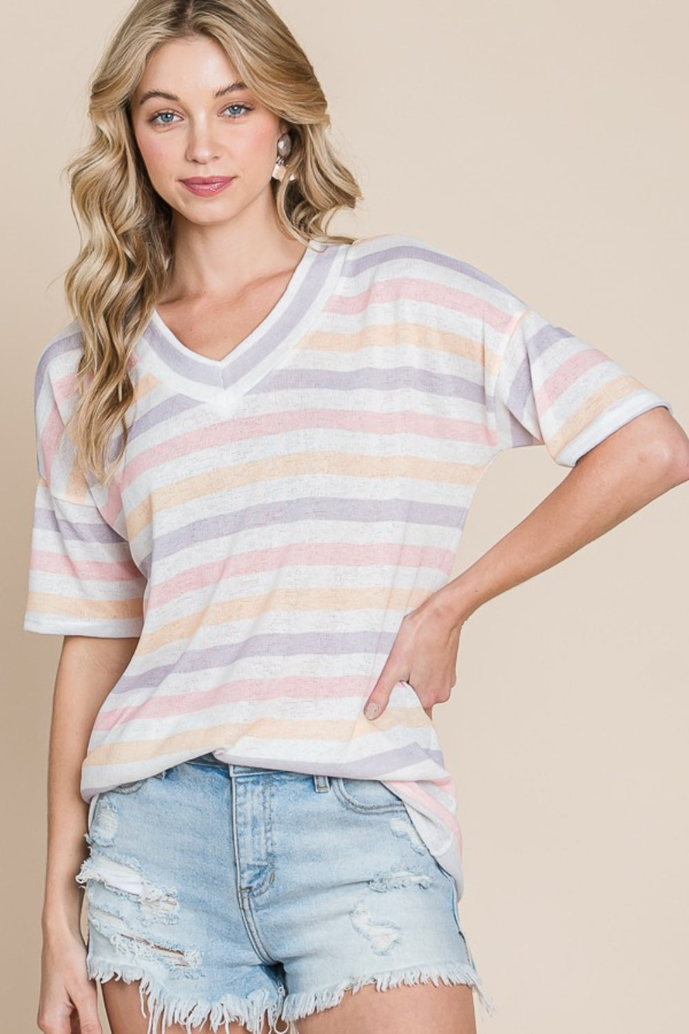 BOMBOM Striped V-Neck Short Sleeve T-Shirt-Angel Casuals