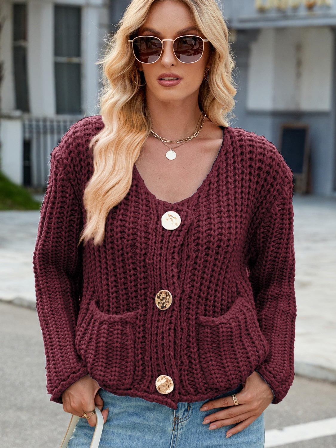 Round Neck Button Up Cardigan with Pockets-Angel Casuals