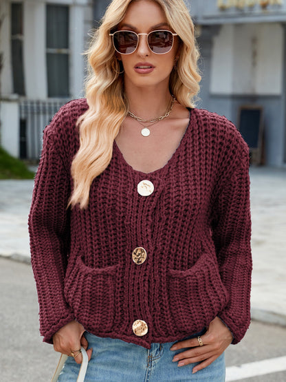 Round Neck Button Up Cardigan with Pockets-Angel Casuals
