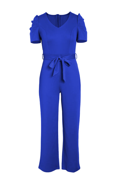 Belted Puff Sleeve V-Neck Jumpsuit-Angel Casuals