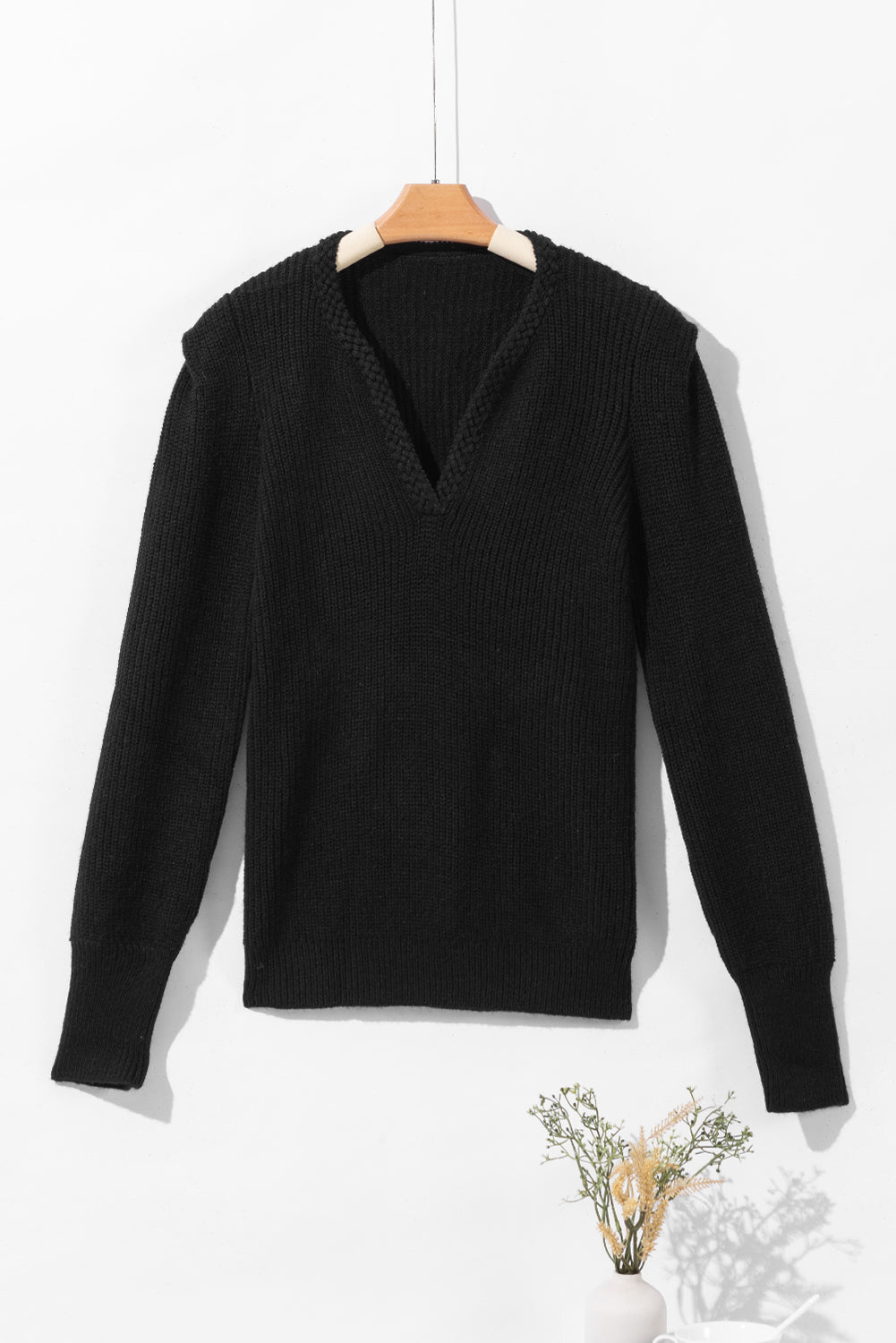 Solid Color Notched Long Sleeve Sweater-Angel Casuals