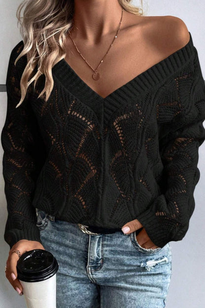 Openwork V-Neck Long Sleeve Sweater-Angel Casuals