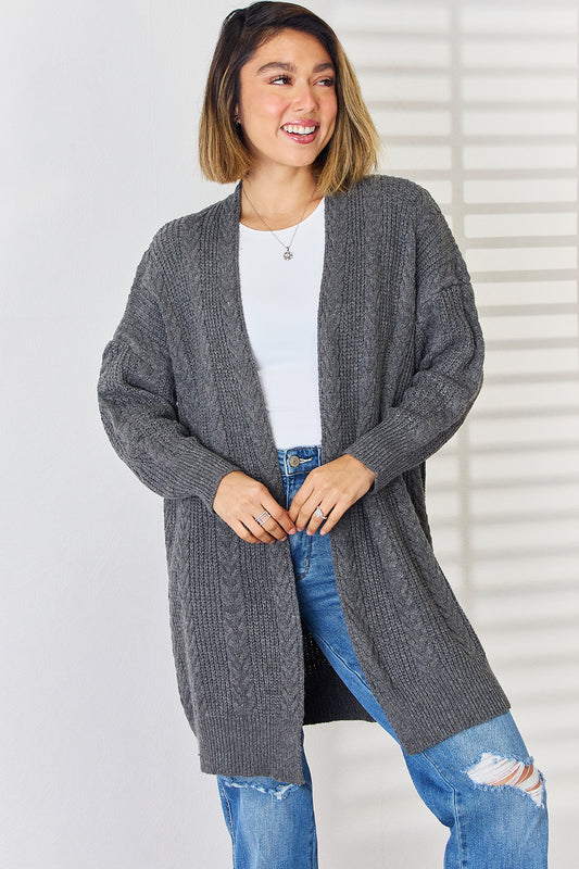 Cable-Knit Open Front Dropped Shoulder Cardigan-Angel Casuals