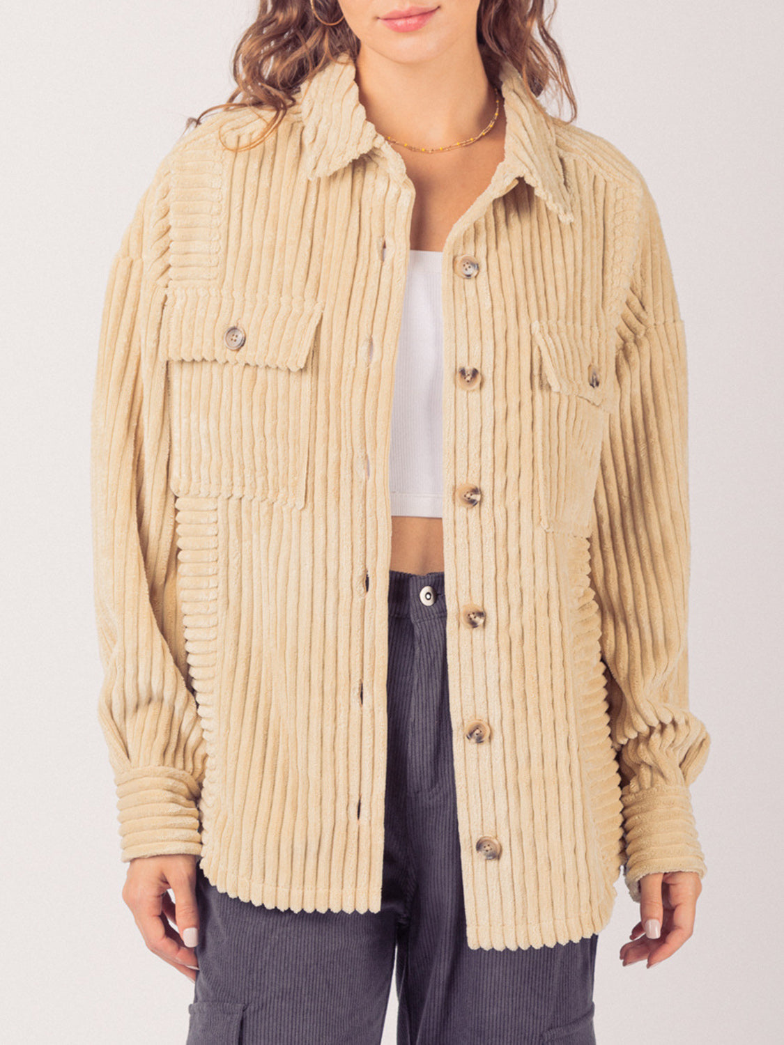 Button Up Long Sleeve Corduroy Jacket-Angel Casuals