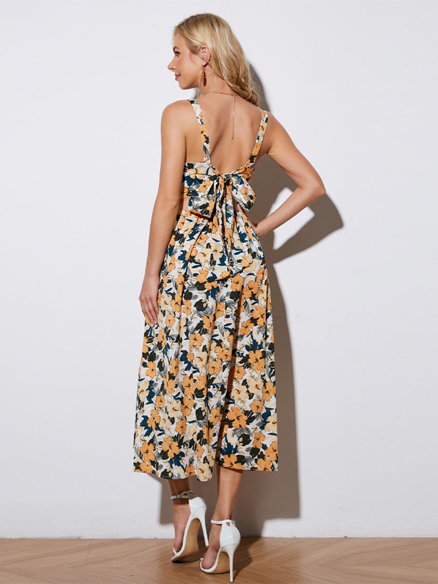 Floral Tie-Back Sleeveless Midi Dress-Angel Casuals