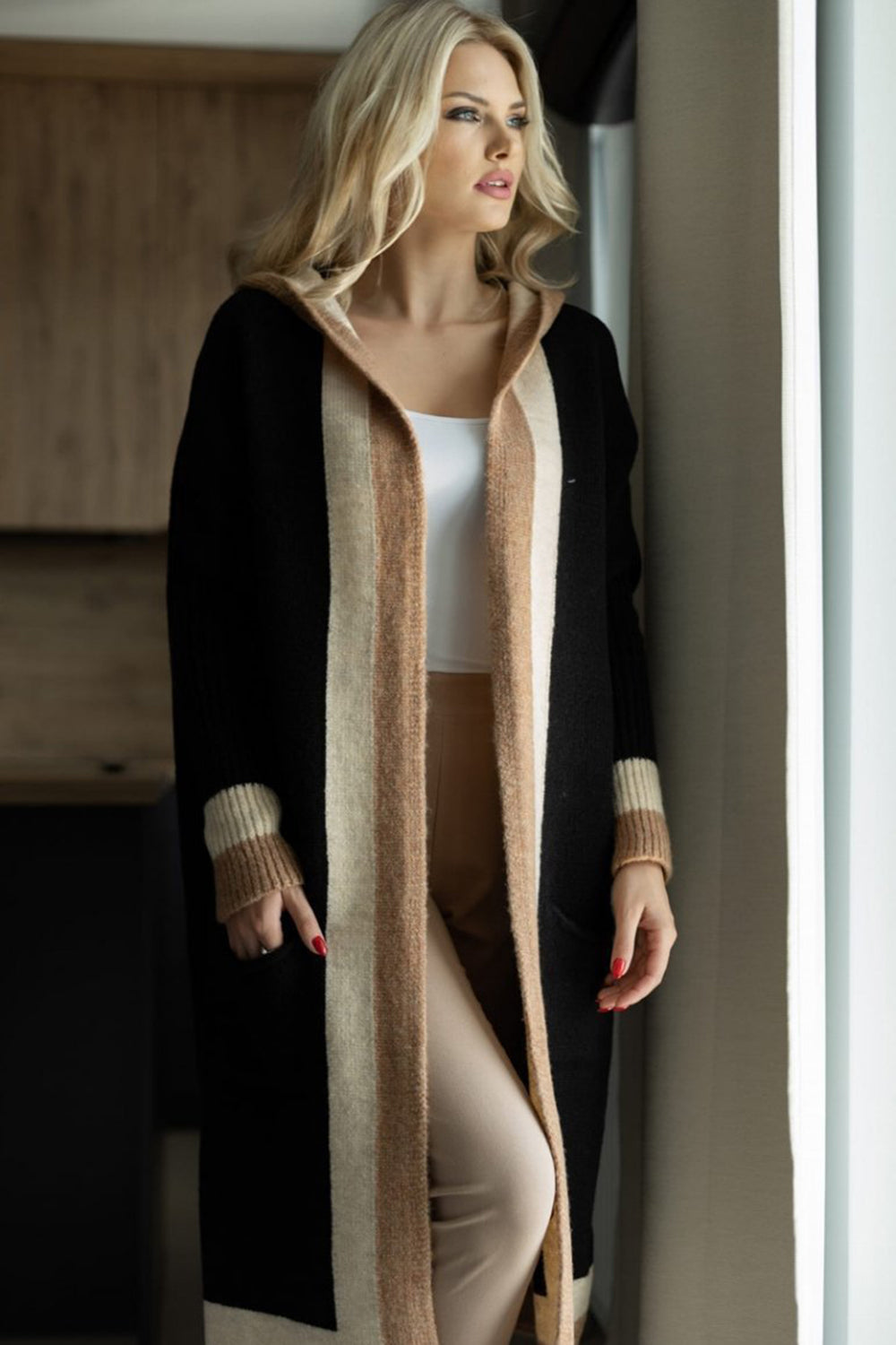 Pocketed Contrast Long Sleeve Hooded Cardigan-Angel Casuals