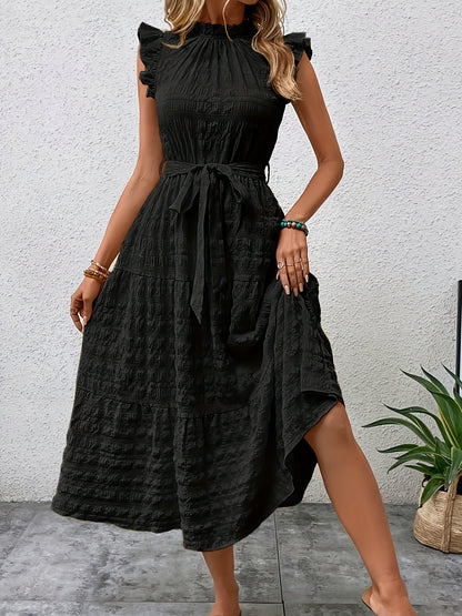 Tied Ruffled Cap Sleeve Midi Dress-Angel Casuals