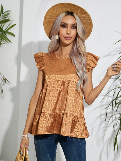 Full Size Ruffled Leopard Cap Sleeve Top-Angel Casuals