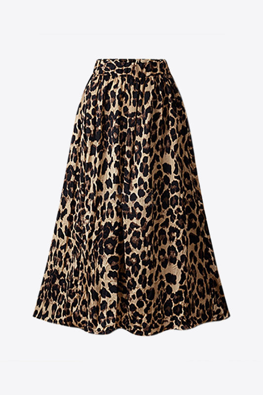 Plus Size Leopard Elastic Waist Midi Skirt-Angel Casuals