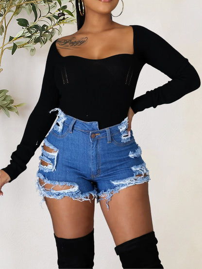 Distressed Raw Hem Denim Shorts with Pockets-Angel Casuals