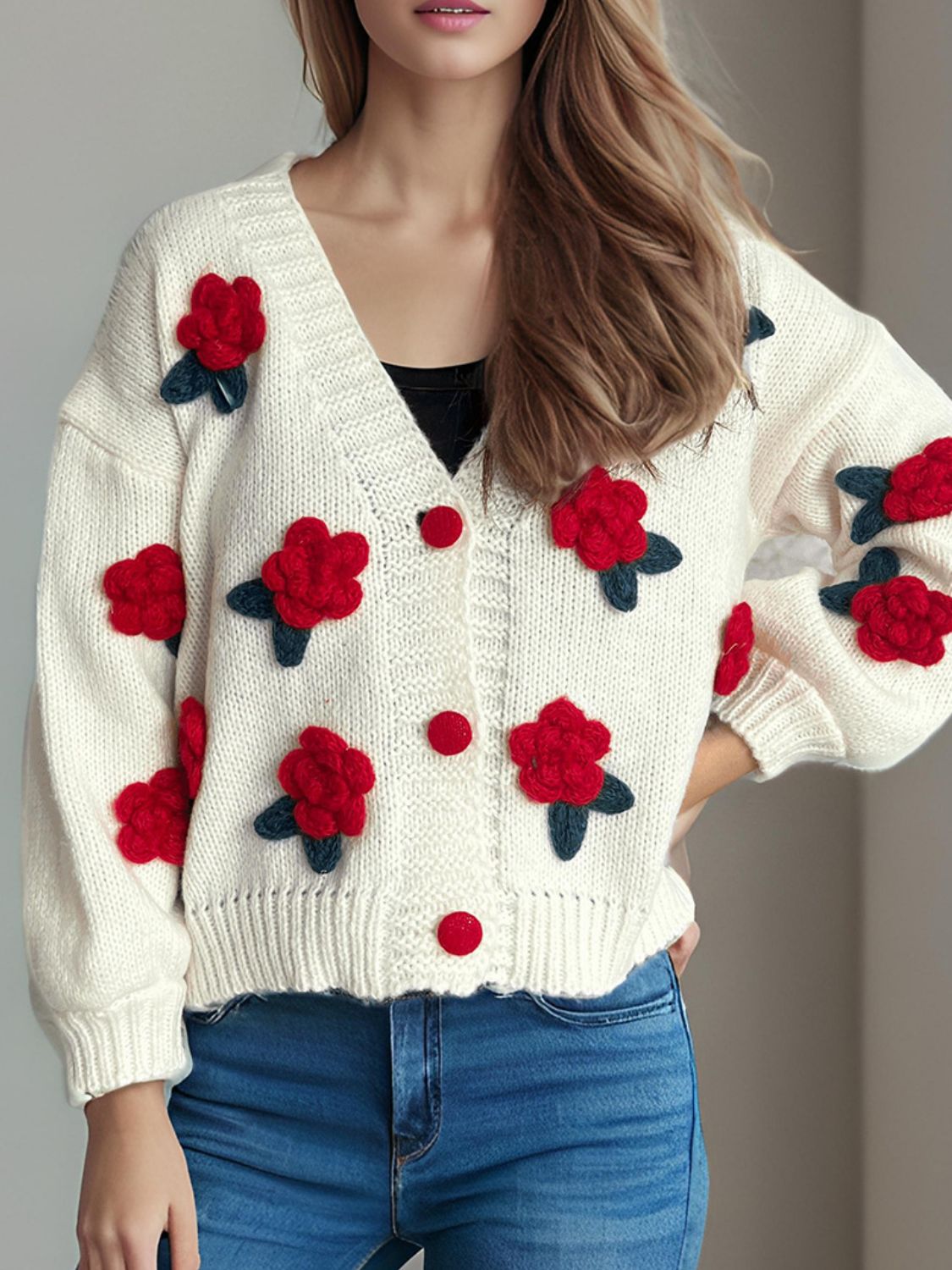 Flower Button Down V-Neck Long Sleeve Cardigan-Angel Casuals