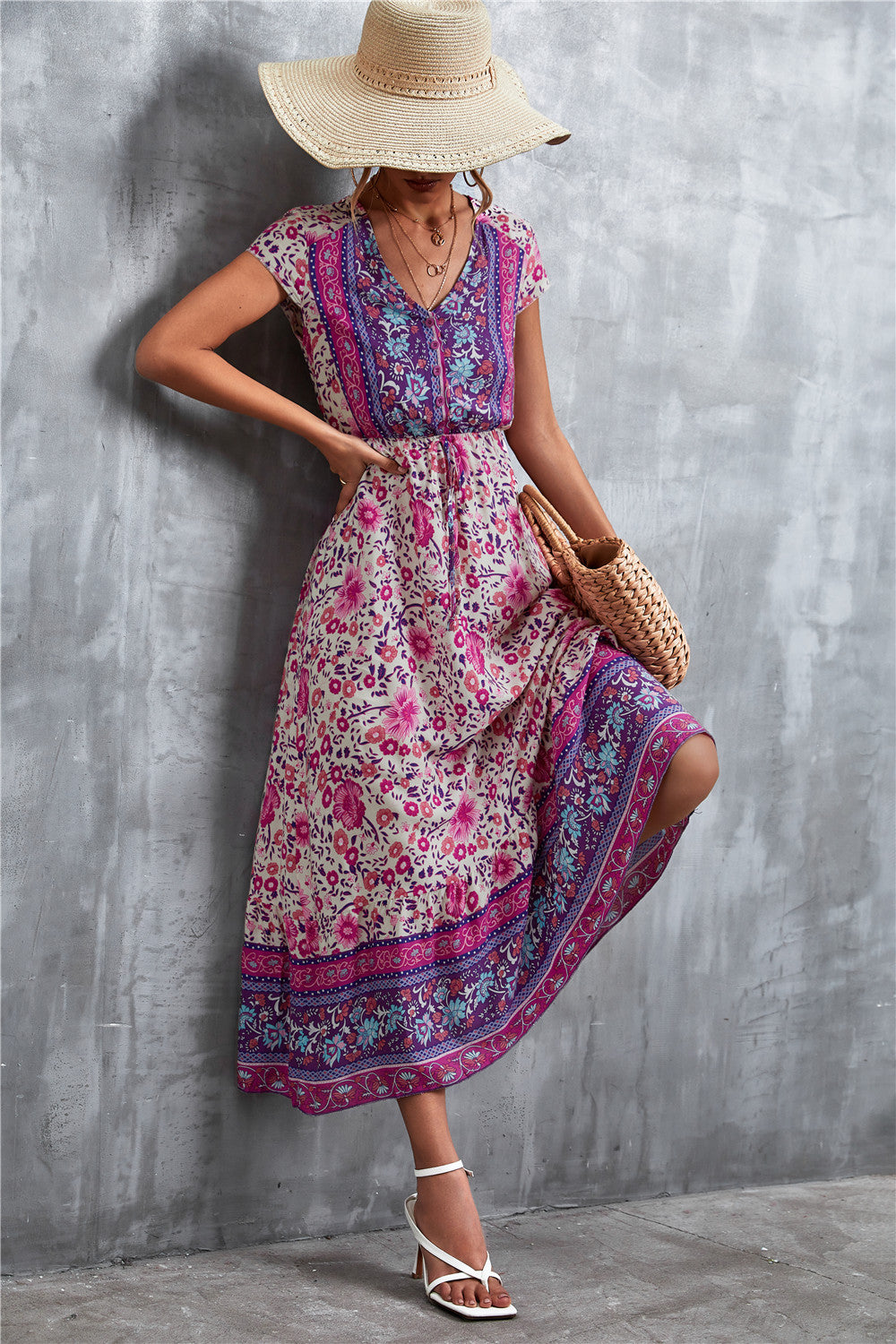 V-Neck Short Sleeve Printed Maxi Dress-Angel Casuals