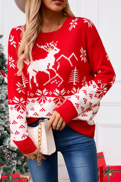 Angel Wings Deer Pattern Round Neck Long Sleeve Sweater-Angel Casuals