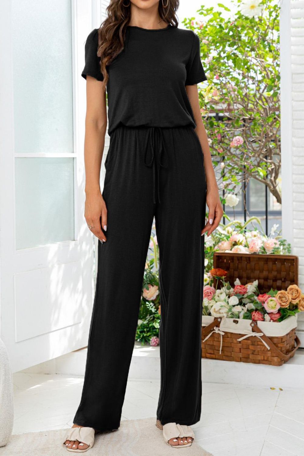 Round Neck Open Back Jumpsuit with Pockets-Angel Casuals