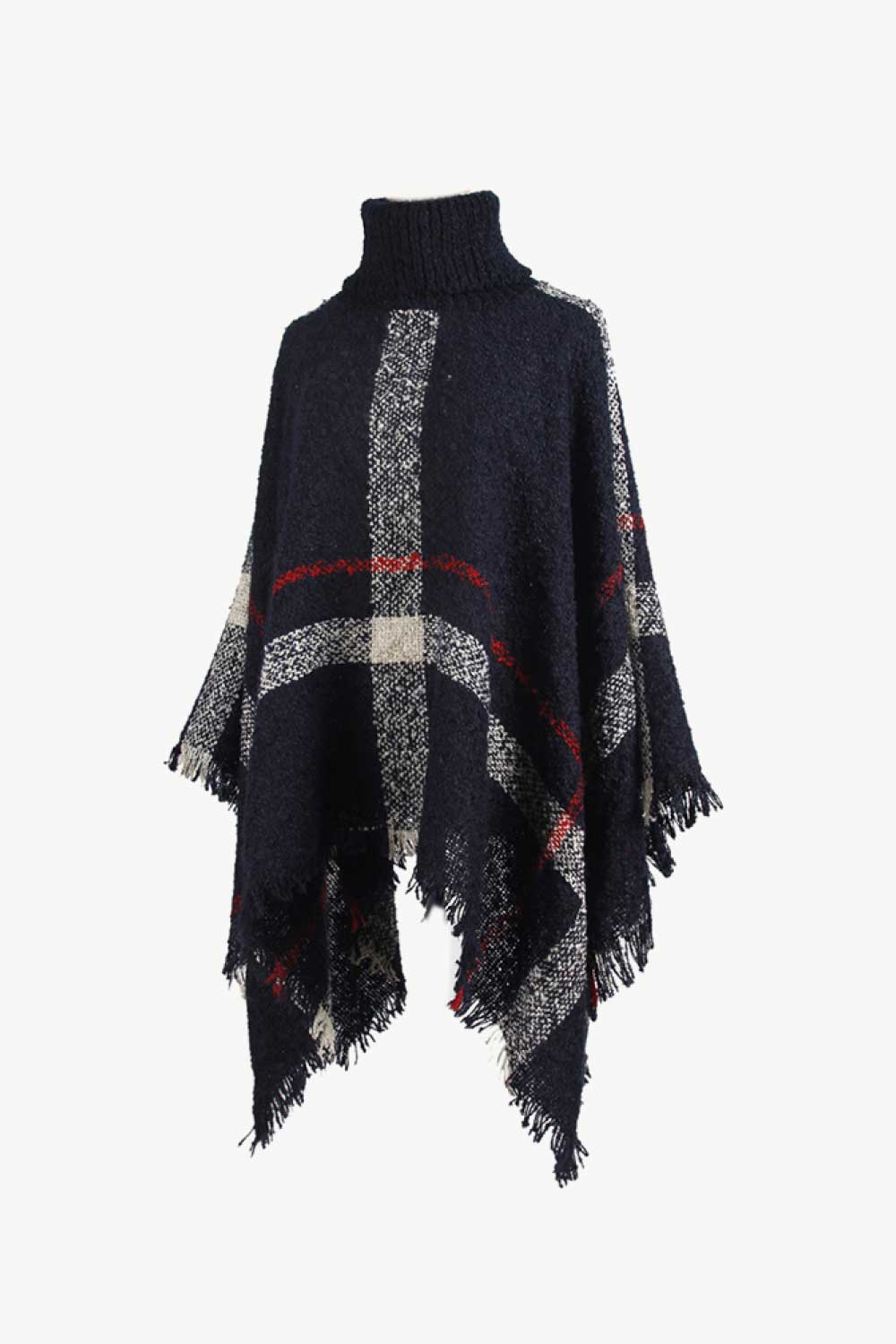 Plaid Turtleneck Raw Hem Poncho-Angel Casuals