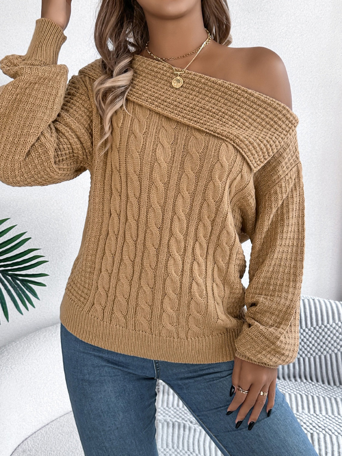 Cable-Knit One Shoulder Long Sleeve Sweater-Angel Casuals