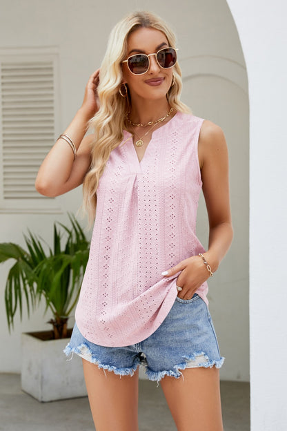 Notched Neck Curved Hem Eyelet Tank-Angel Casuals