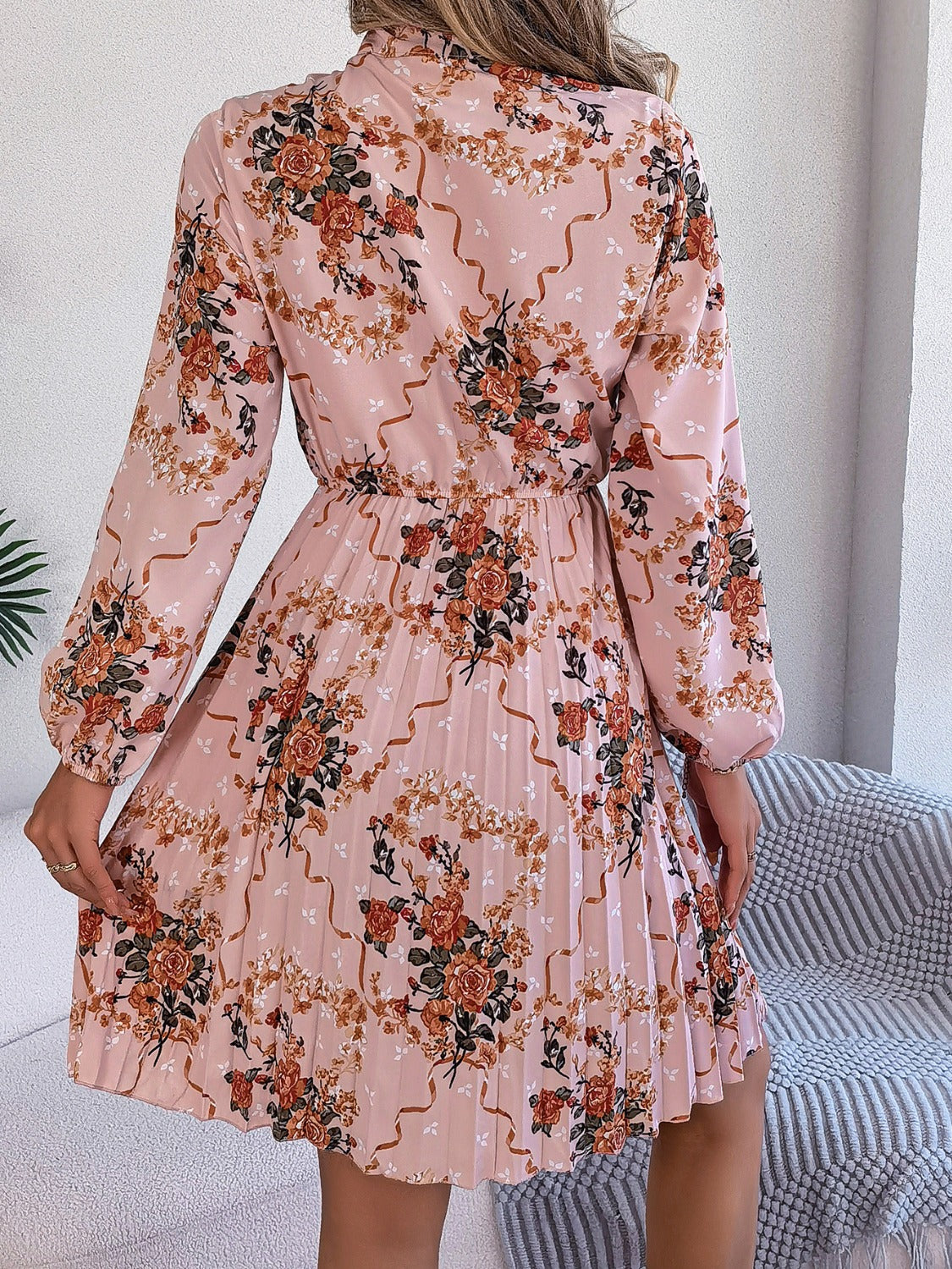 Pleated Printed Tie Neck Long Sleeve Dress-Angel Casuals