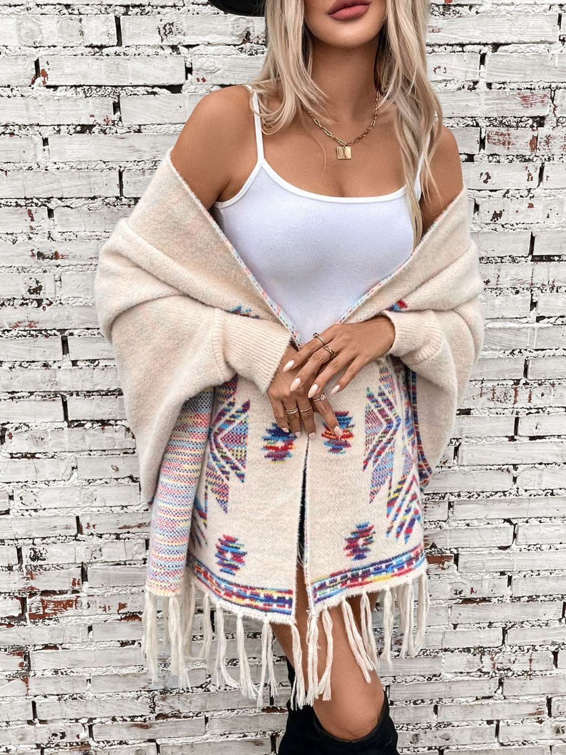 Fringe Geometric Open Front Long Sleeve Cape-Angel Casuals
