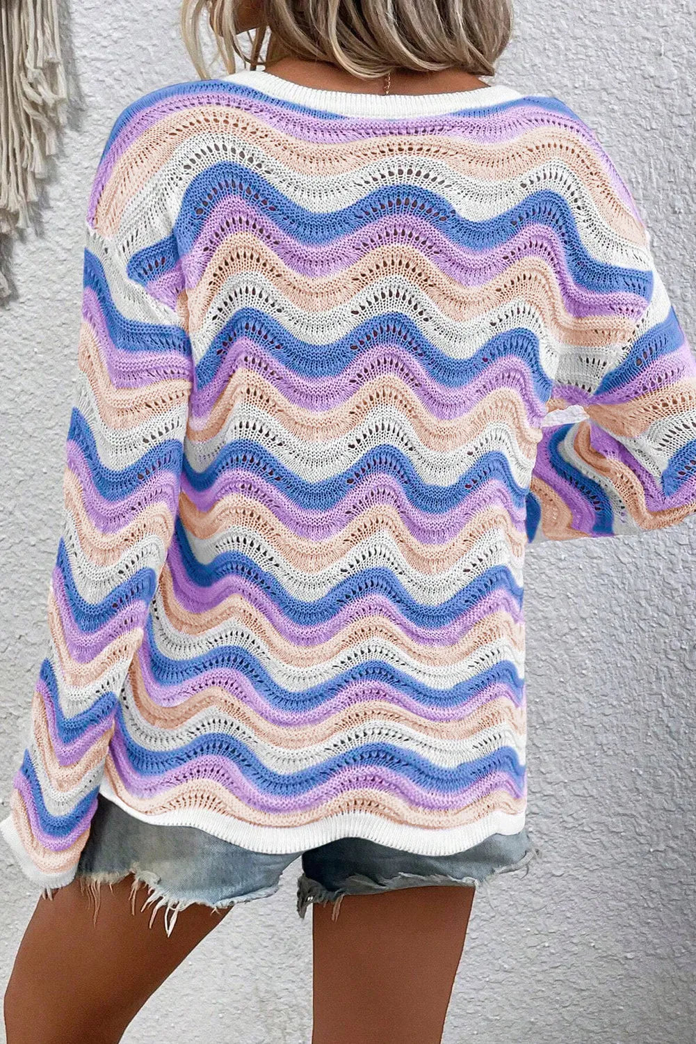 Contrast Wave Stripe Long Sleeve Sweater-Angel Casuals