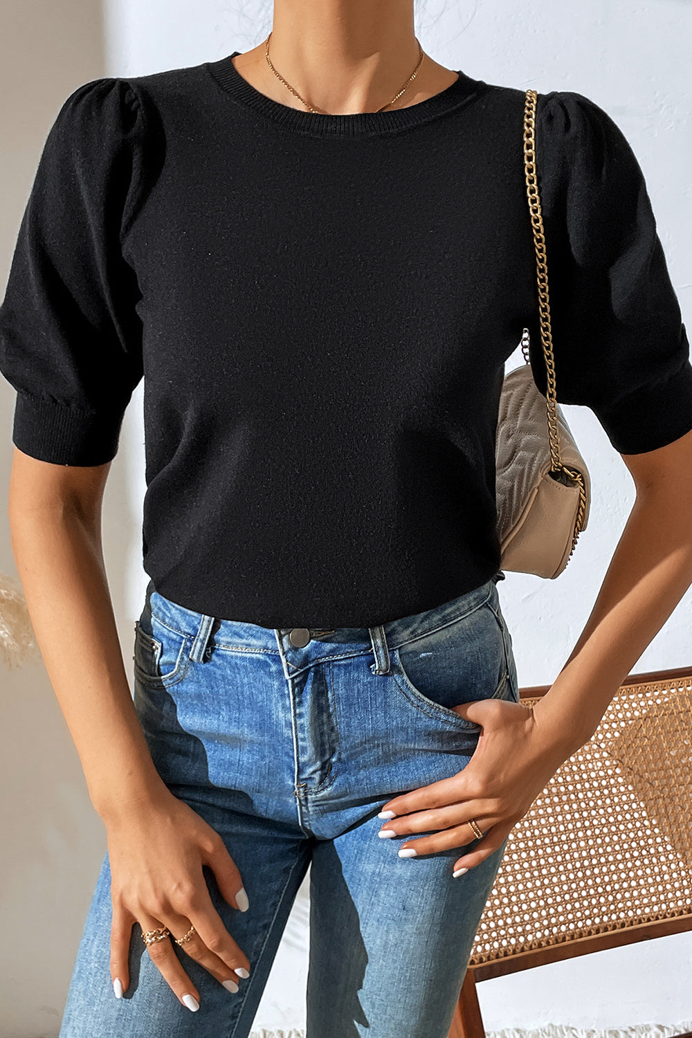 Round Neck Puff Sleeve Knit Top-Angel Casuals