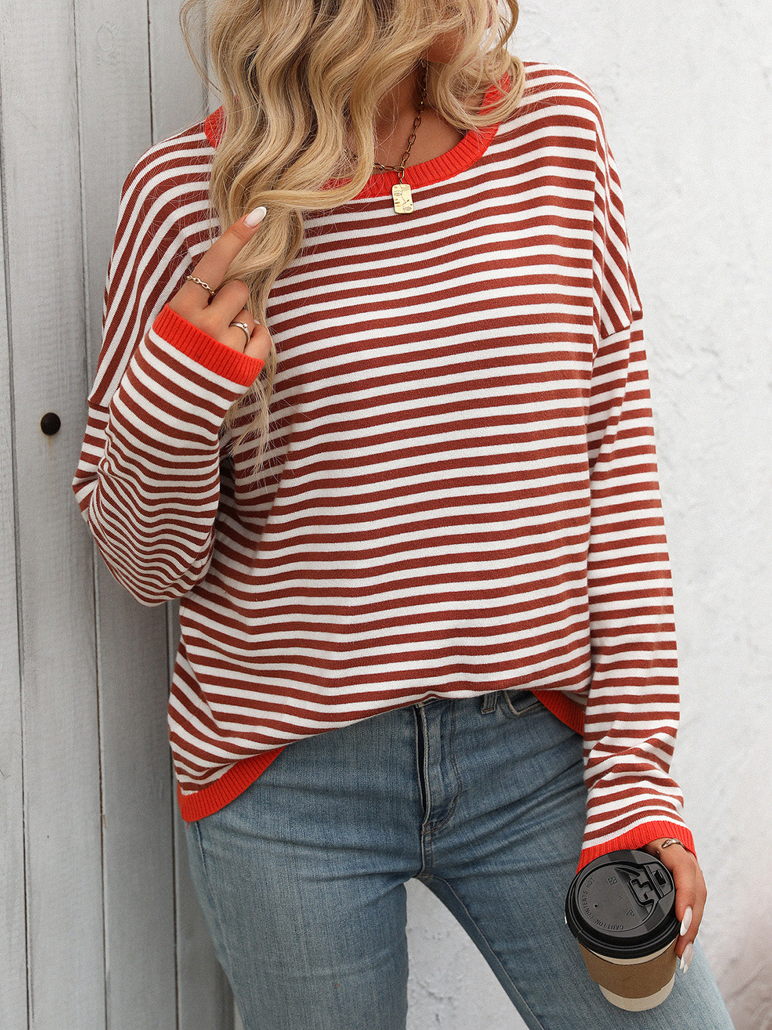 Mandy Striped Round Neck Long Sleeve Sweater-Angel Casuals