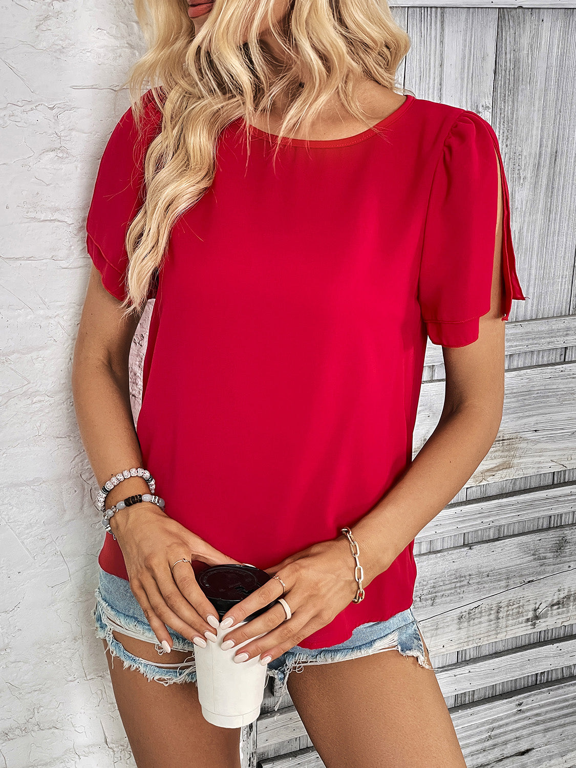 Round Neck Slit Short Sleeve Top-Angel Casuals