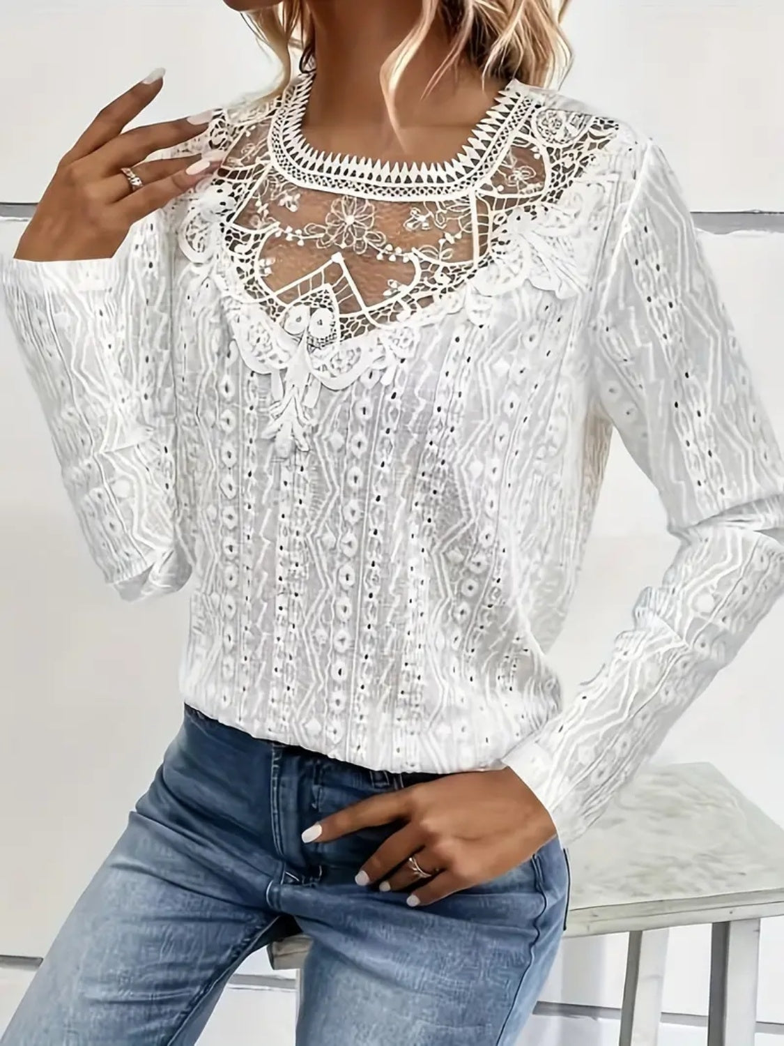 Lace Eyelet Long Sleeve Top-Angel Casuals