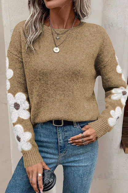 Flower Round Neck Long Sleeve Sweater-Angel Casuals