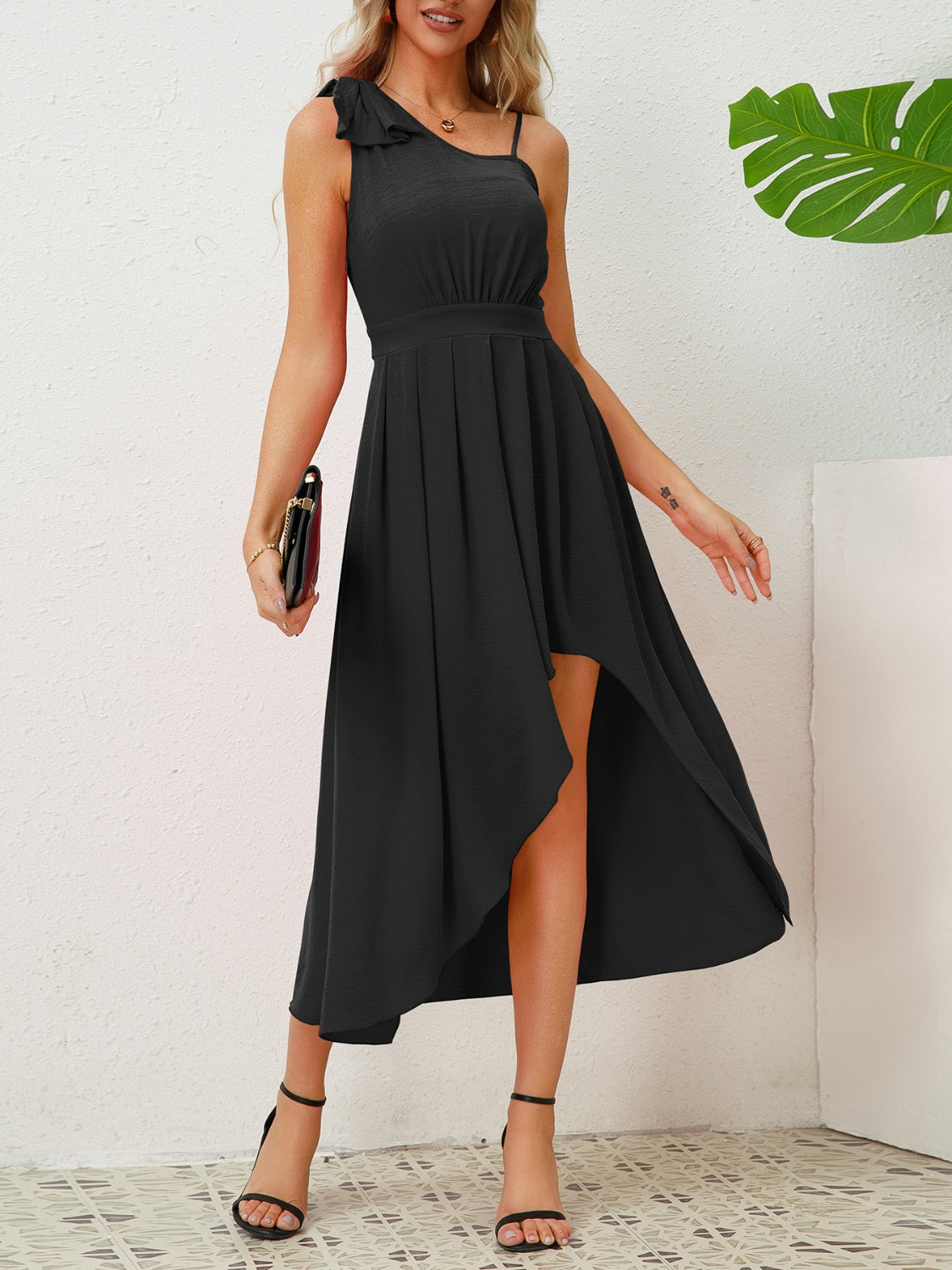 Bow Asymmetrical Neck Sleeveless Dress-Angel Casuals