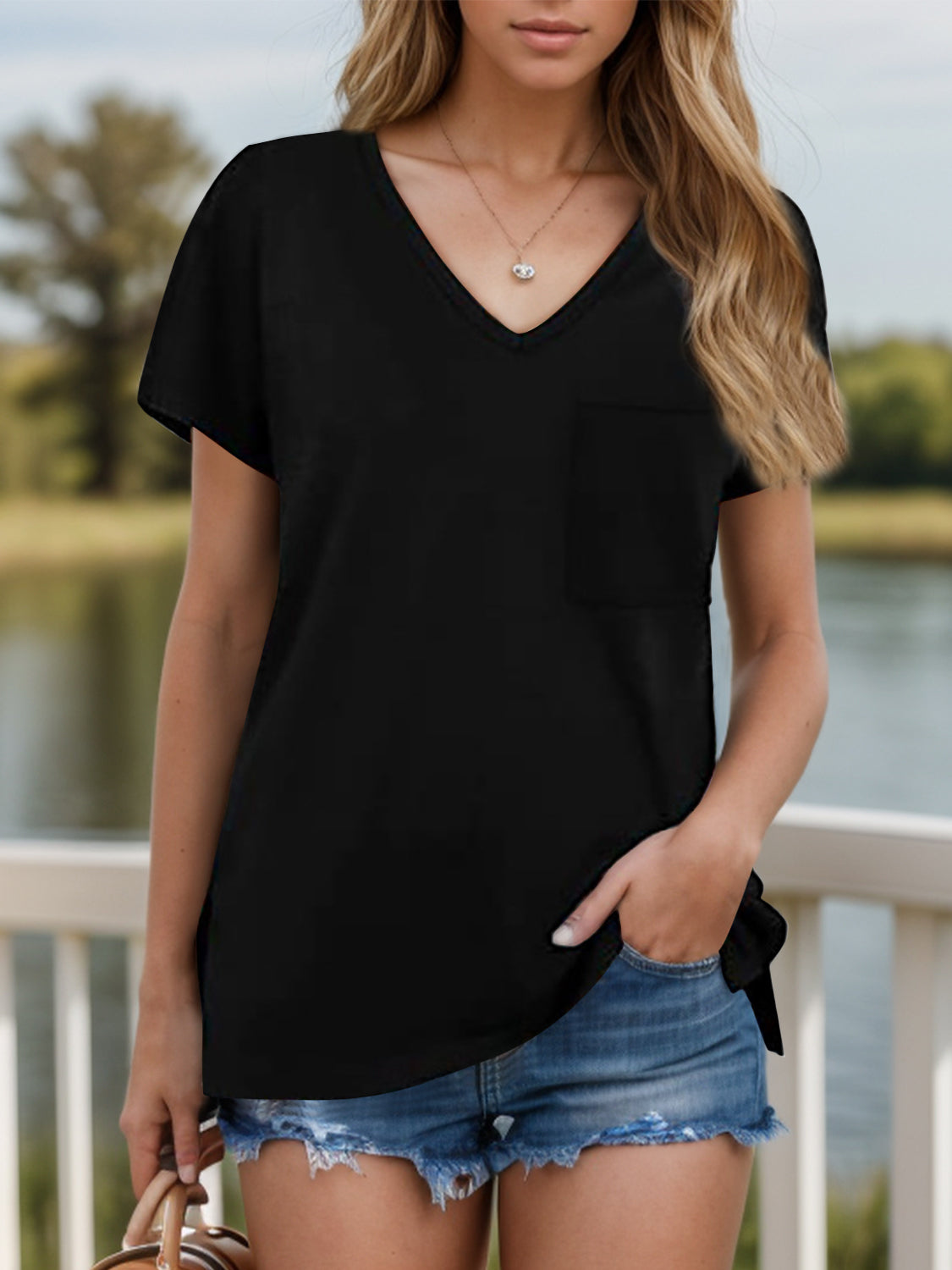 Pocketed Heathered V-Neck Short Sleeve T-Shirt-Angel Casuals