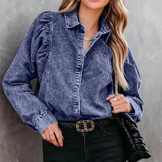 Collared Neck Buttoned Denim Shirt-Angel Casuals