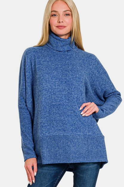 Zenana Full Size Brushed Melange Hacci Turtleneck Sweater-Angel Casuals