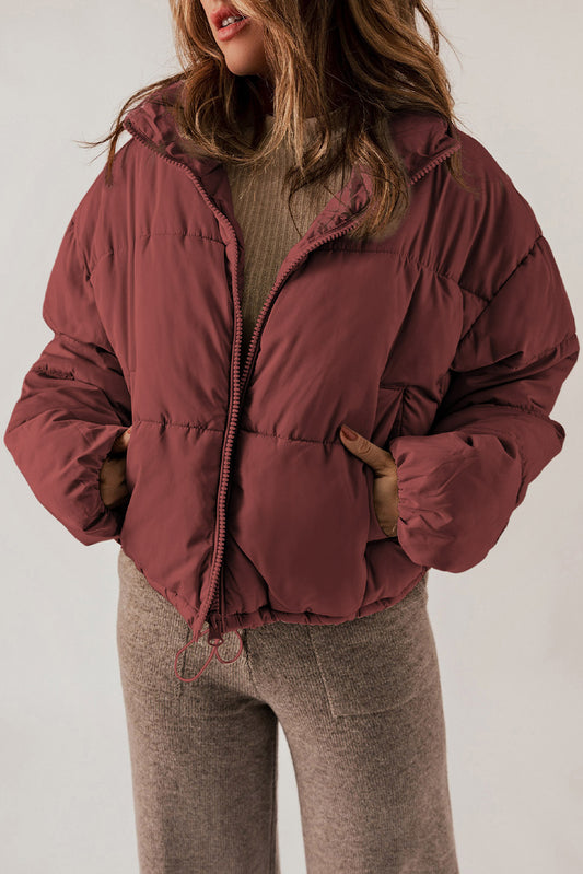 Zip Up Collared Neck Long Sleeve Winter Coat-Angel Casuals
