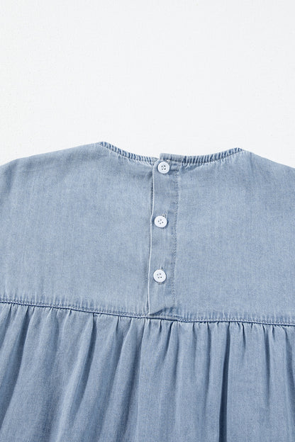 Ruffled Round Neck Cap Sleeve Denim Dress-Angel Casuals