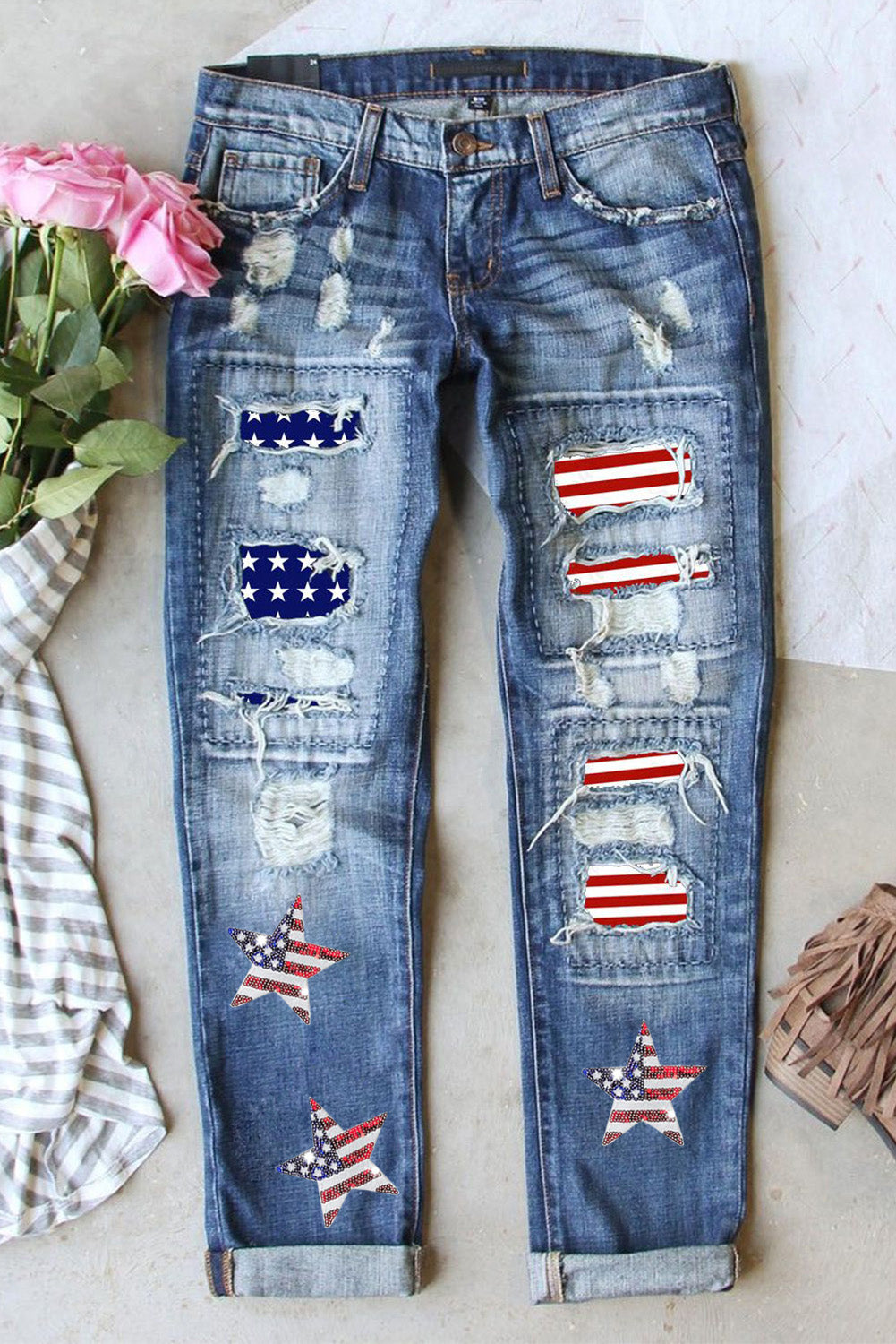 US Flag Mid-Rise Waist Straight Jeans-Angel Casuals