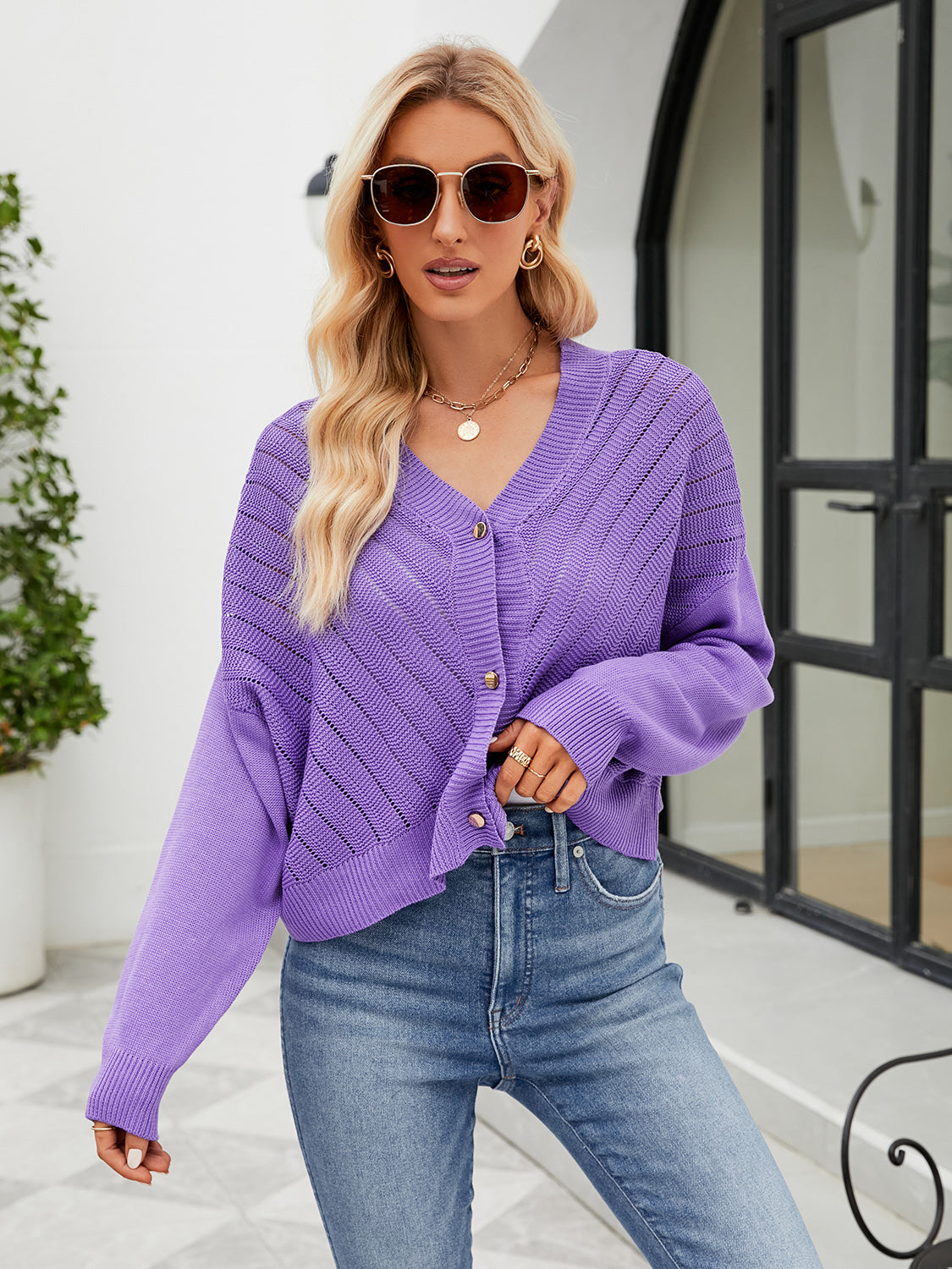 Eyelet Button Front Long Sleeve Cardigan-Angel Casuals