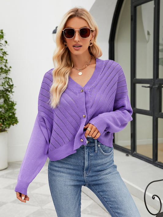 Eyelet Button Front Long Sleeve Cardigan-Angel Casuals